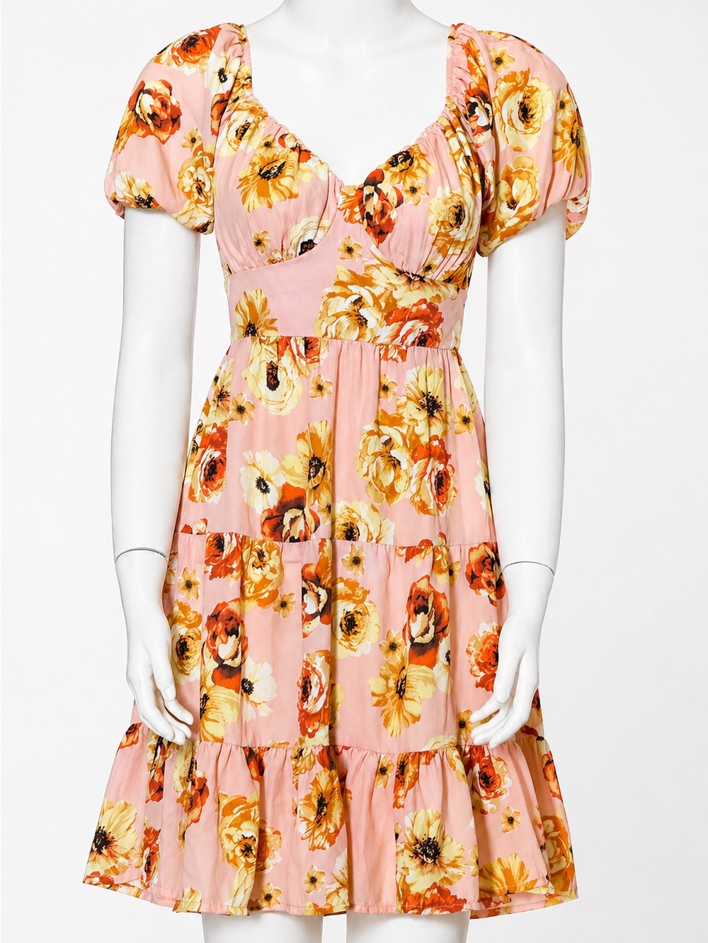 Floral Pink Puff-Sleeve Tiered Sundress
